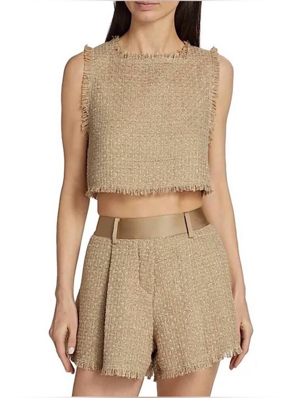 NWT THE FEMM Megan High Waisted Shorts Beige Tan Tweed Satin Waistband Large